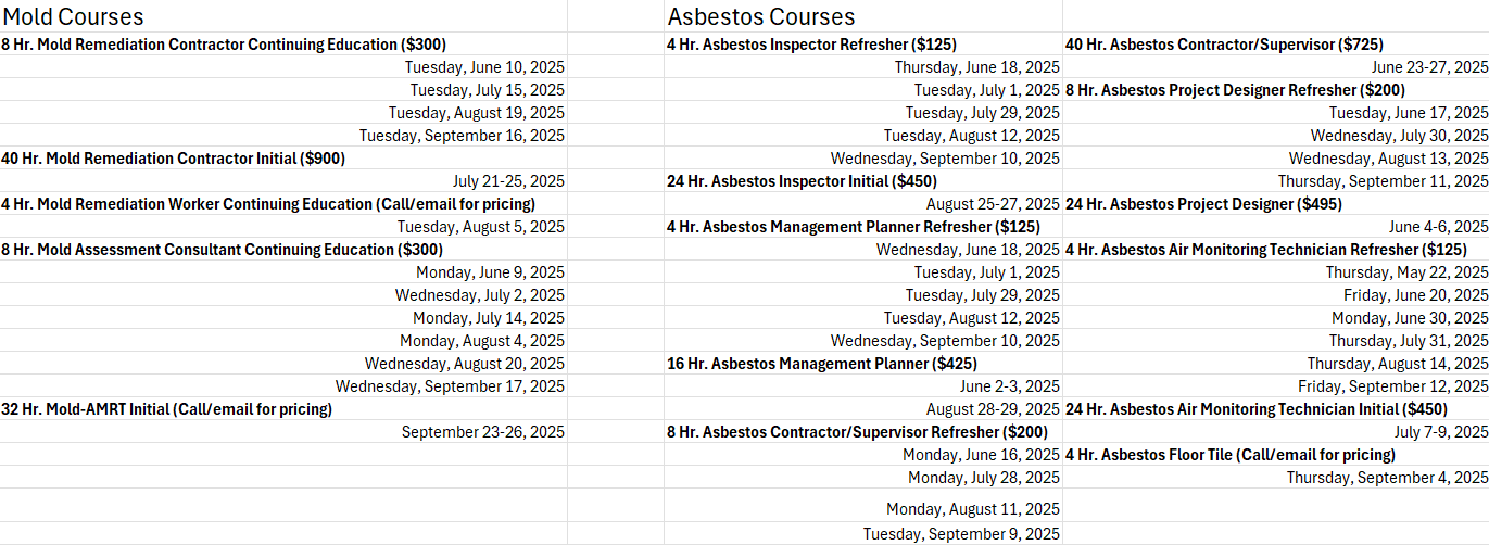 Screenshot 2025-05-19 162304 Spreadsheet of schedule of Enviro-Con Asbestos and Mold Courses